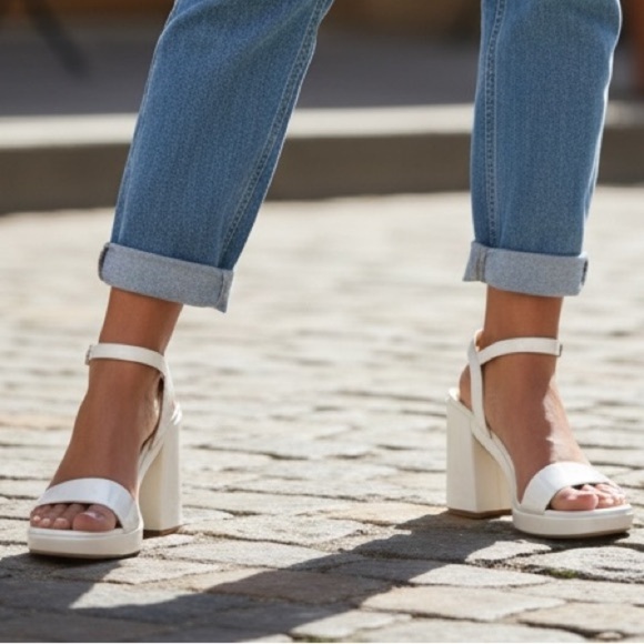 Putu Shoes - Putu White Platform Heel Sandals Womens Size 8.5 Ankle Strap Block Heel New
